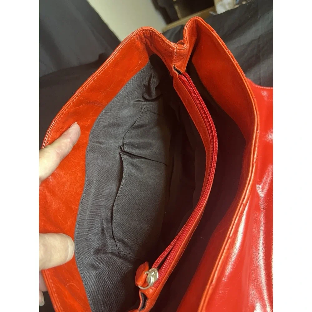 Red Quilted Stitched Fold Over Shoulder Bag Silver Hardware Double Handled Purse